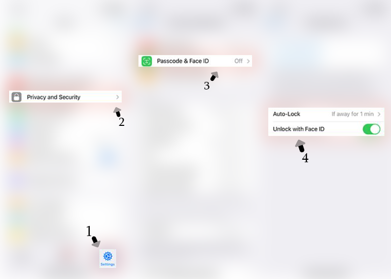 Step-by-step guide screenshot illustrating how to enable the Telegram passcode lock. Step 1 shows the 'Settings' icon at the bottom of the Telegram app interface. Step 2 highlights the 'Privacy and Security' menu option. Step 3 focuses on the 'Passcode & Face ID' setting, currently set to 'Off.' Step 4 displays the 'Auto-Lock' option with a timer set to 'If away for 1 min' and the toggle for 'Unlock with Face ID' turned on. The layout features blurred background elements for a clean and focused visual.