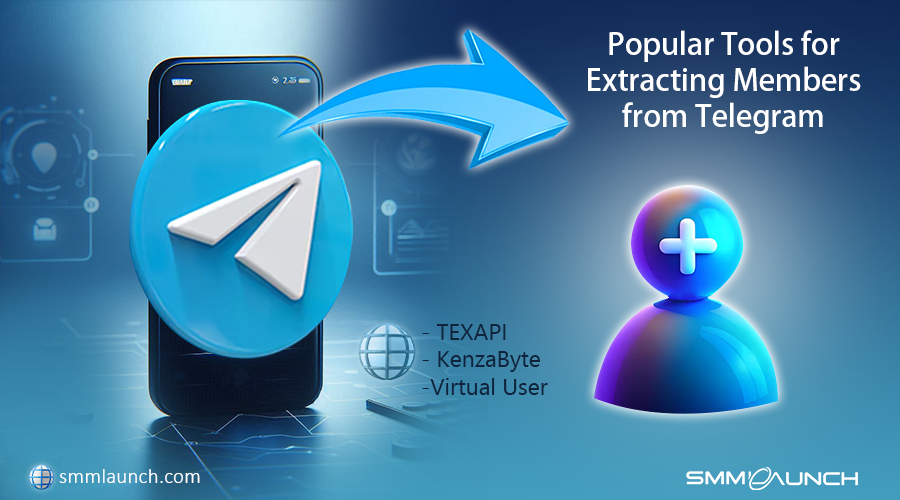 Blue smartphone with Telegram icon and 3D person icon, showcasing tools like TEXAPI, KenzaByte, and Virtual User for Telegram member extraction.