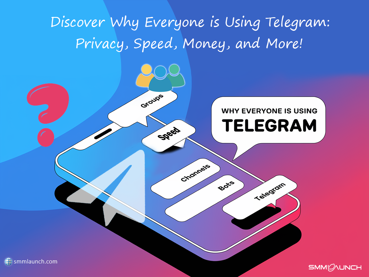 The image features a vibrant, modern illustration of a smartphone with various floating labels representing key features that attract users to Telegram, including 