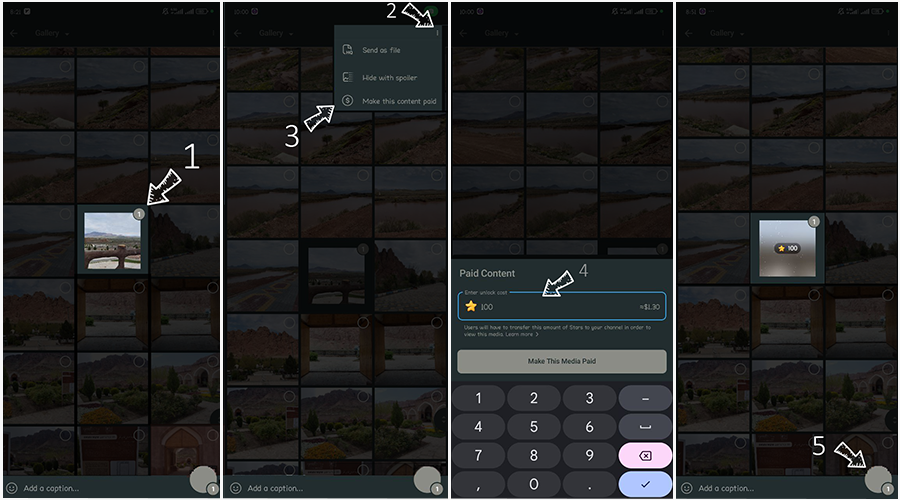 A step-by-step guide on setting up paid access using Telegram Stars. The image shows four sequential screenshots of the process:  Screenshot of a Telegram media gallery with an image selected for monetization. Screenshot of the top-right three-dot menu expanded, showing options such as 