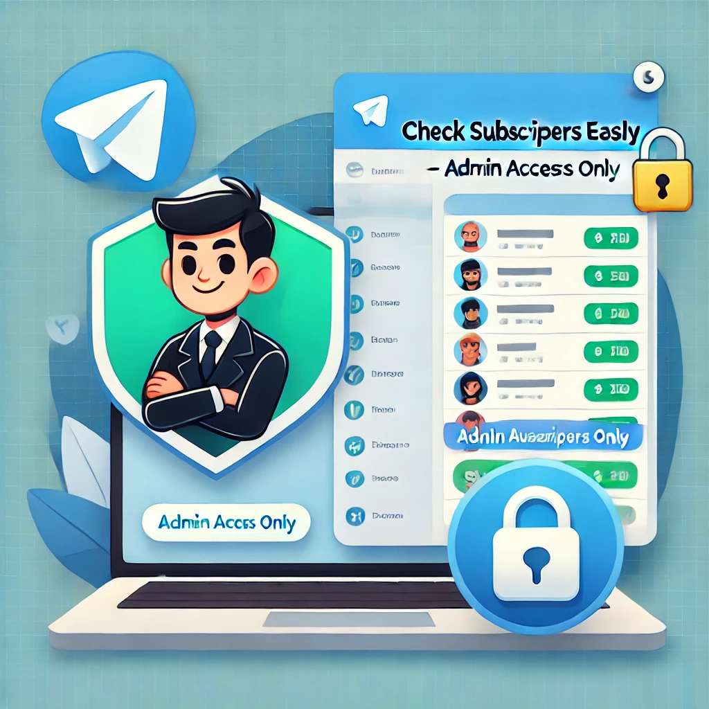 Logo representing a guide on how to check Telegram channel members, featuring a laptop displaying a list of subscribers, an admin character, and a padlock symbol to highlight privacy restrictions for regular users. The design incorporates Telegram's blue and white colors, with a small video play button symbolizing a tutorial.