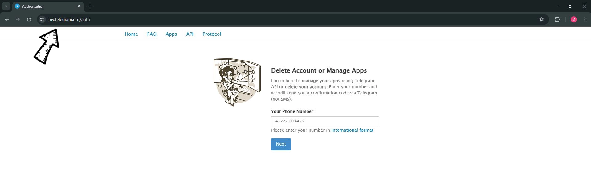 Screenshot of Telegram's account management page, displaying options to delete an account or manage apps, with an input field for entering a phone number in international format. And an arrow that points to website address “my.telegram.org/auth”.