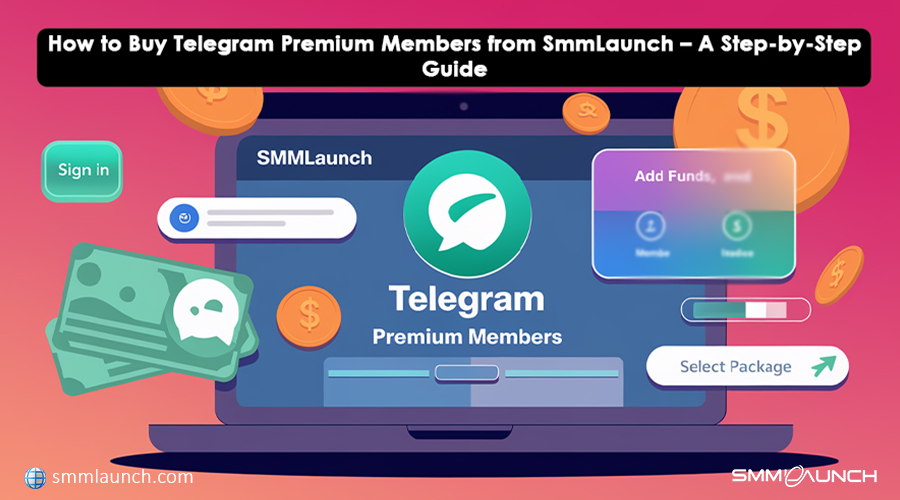 Step-by-step guide on how to buy Telegram premium members from SmmLaunch, displayed on a laptop screen with visual elements like money bills, dollar signs, and a Telegram icon.