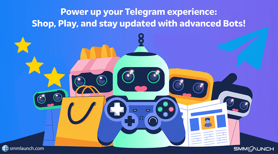 A colorful group of playful robots with video game controllers and shopping bags, symbolizing Telegram's diverse bot offerings. One robot has a heart on its face, adding a warm, emotional touch, while the text reads 'Power up your Telegram experience: Shop, Play, and stay updated with advanced Bots!' The scene blends technology, entertainment, and innovation.