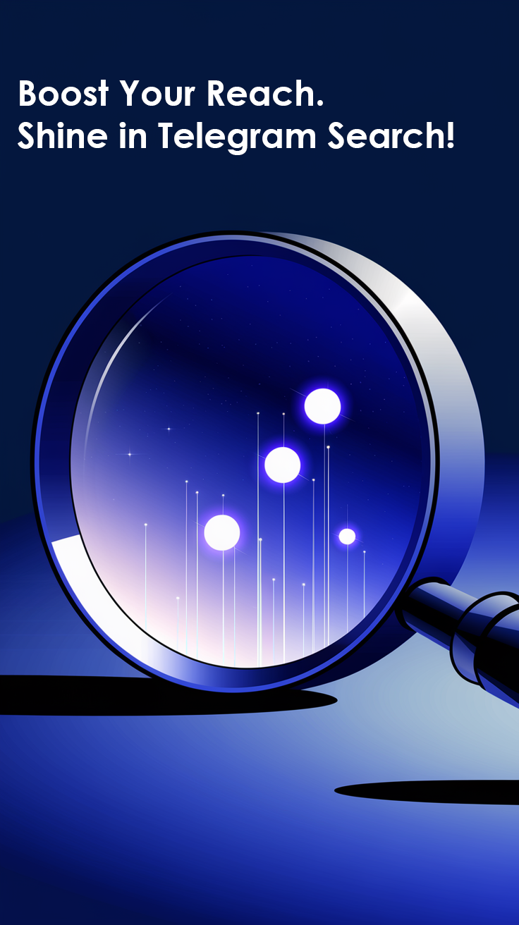 A magnifying glass with glowing circular graphs and vertical lines on a futuristic blue background, symbolizing search visibility and growth. Text reads 'Boost Your Reach. Shine in Telegram Search!' showcasing the benefits when you Buy Telegram Channel Boost to improve rankings and discoverability.