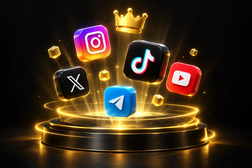 Social platform icons floating above a golden podium