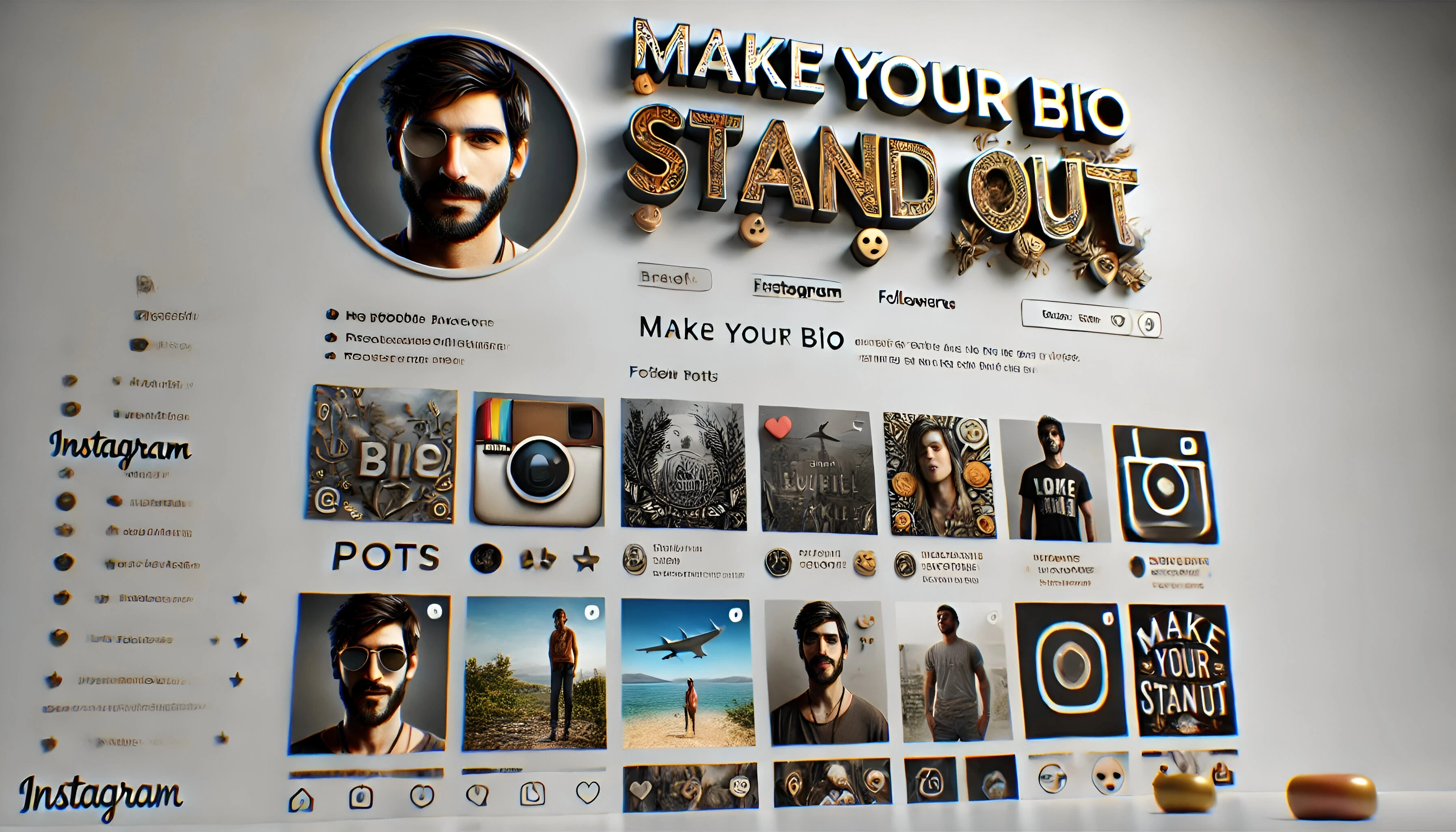 A stylized Instagram profile page showcasing a male user's profile with the text 