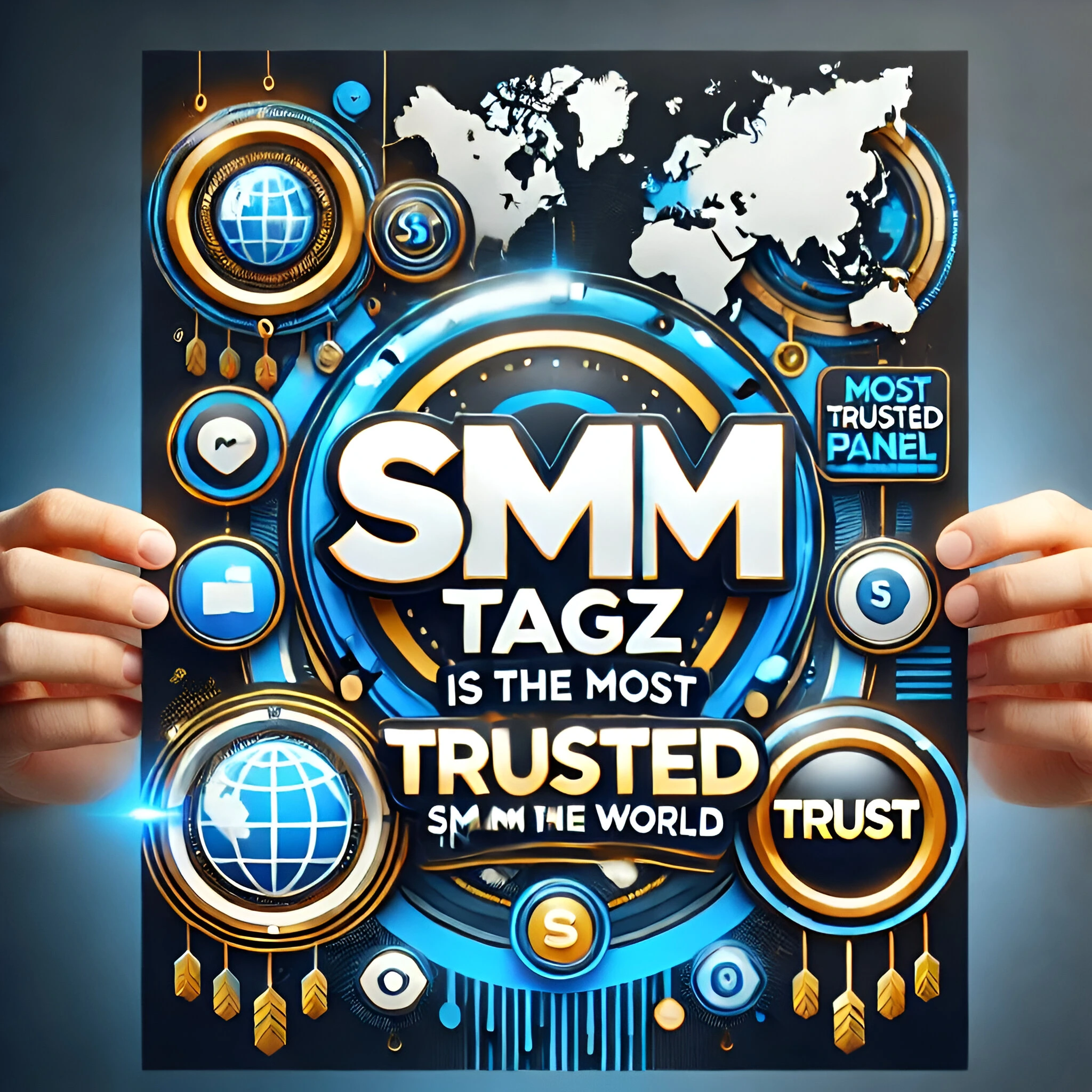 A bold and visually striking graphic declaring SMMTAGZ as the world's #1 Trusted SMM Panel, featuring a sleek globe icon, glowing trust badges, and highlights of its top features like reliability, vast services, and global reach.