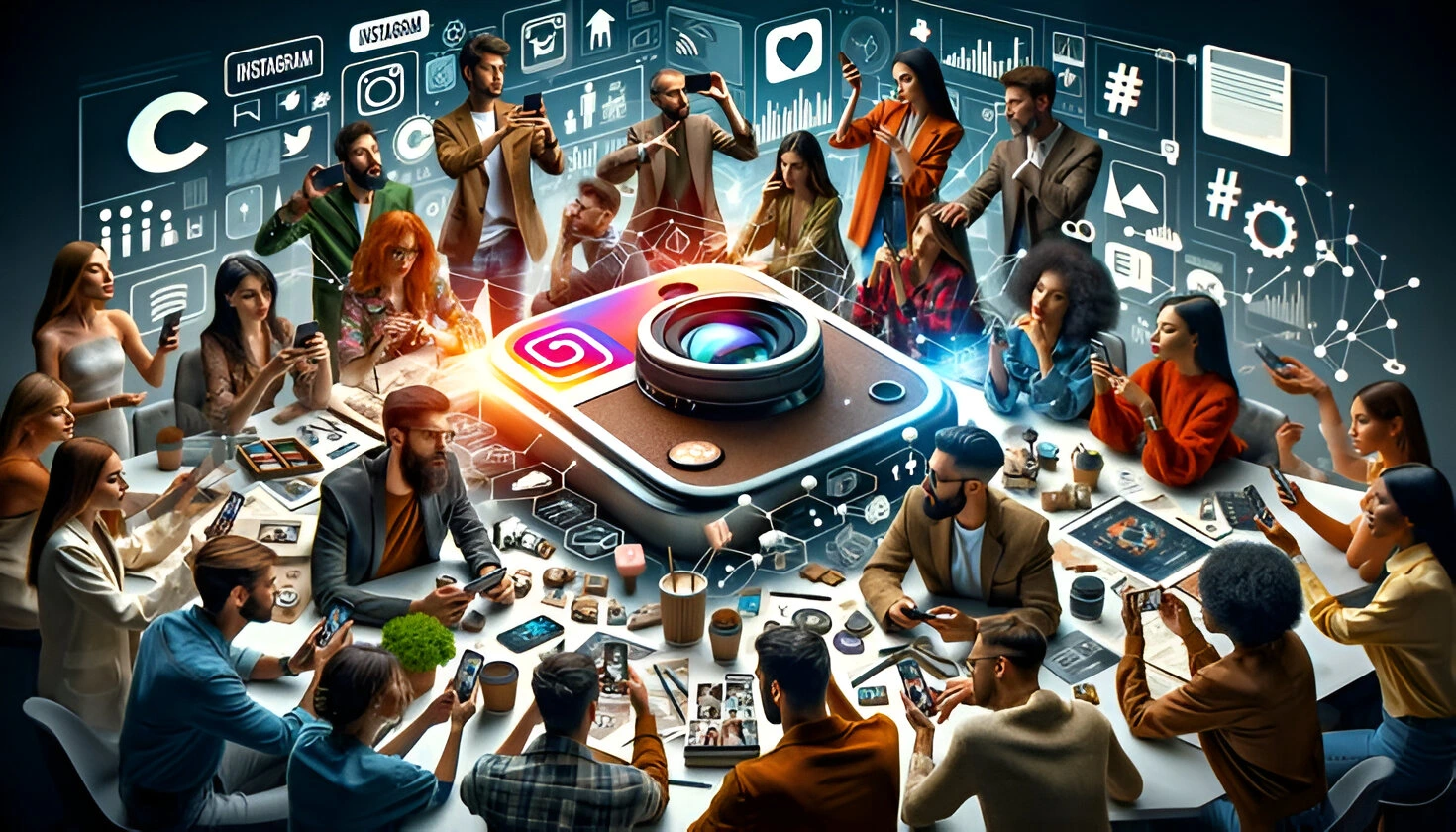 A vibrant digital illustration of a diverse group of people gathered around a large Instagram logo, engaging in discussions and brainstorming ideas. The background features social media icons, graphs, and analytics, emphasizing social media growth and collaboration.