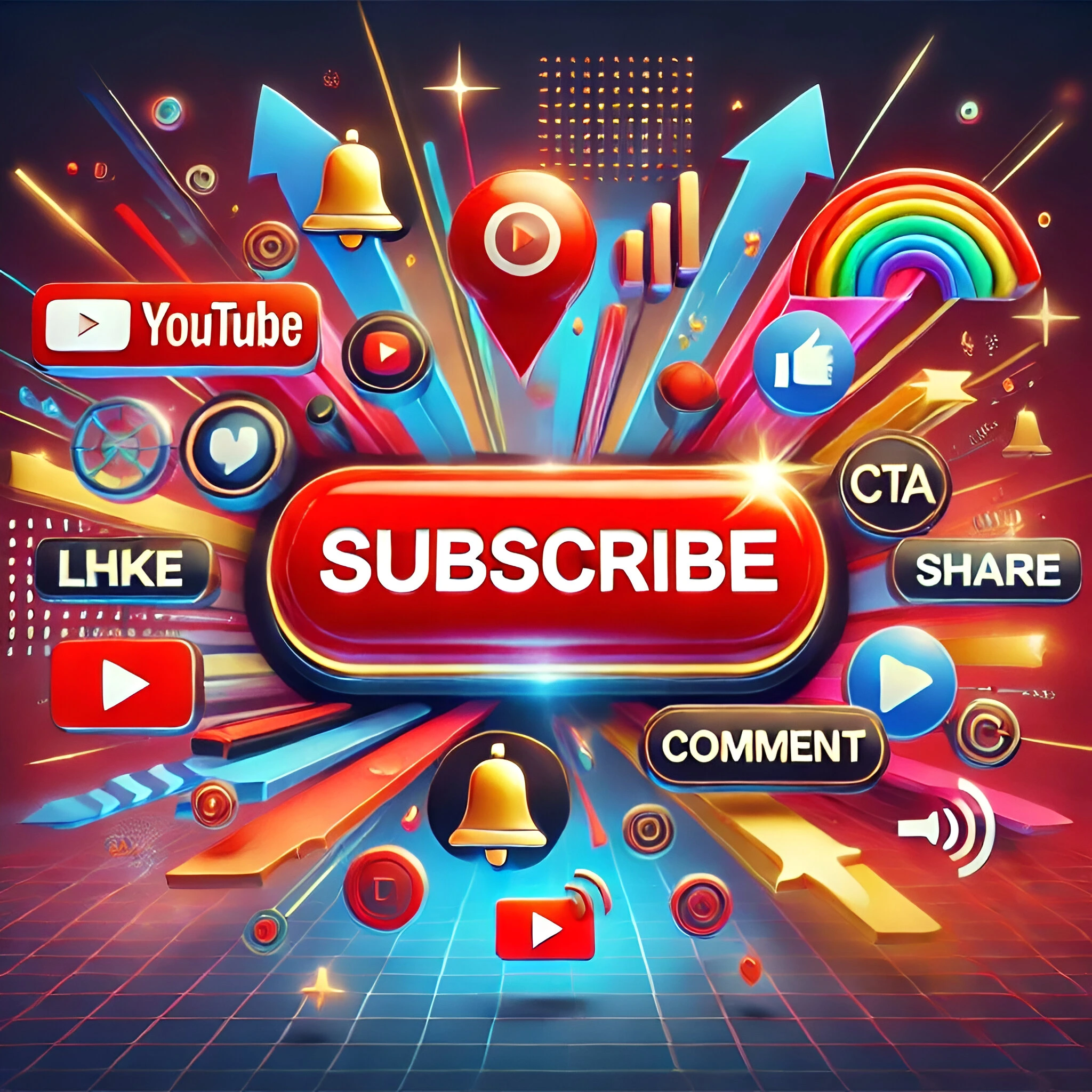 Graphic illustrating the concept of subscribing to social media, featuring various Call to action buttons and directional arrows.