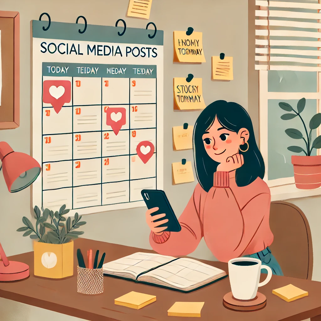 Illustration of a woman sitting at a desk, holding a smartphone and planning social media posts using a calendar marked with dates and engagement icons, surrounded by a cozy workspace with stationery, sticky notes, and a coffee cup.