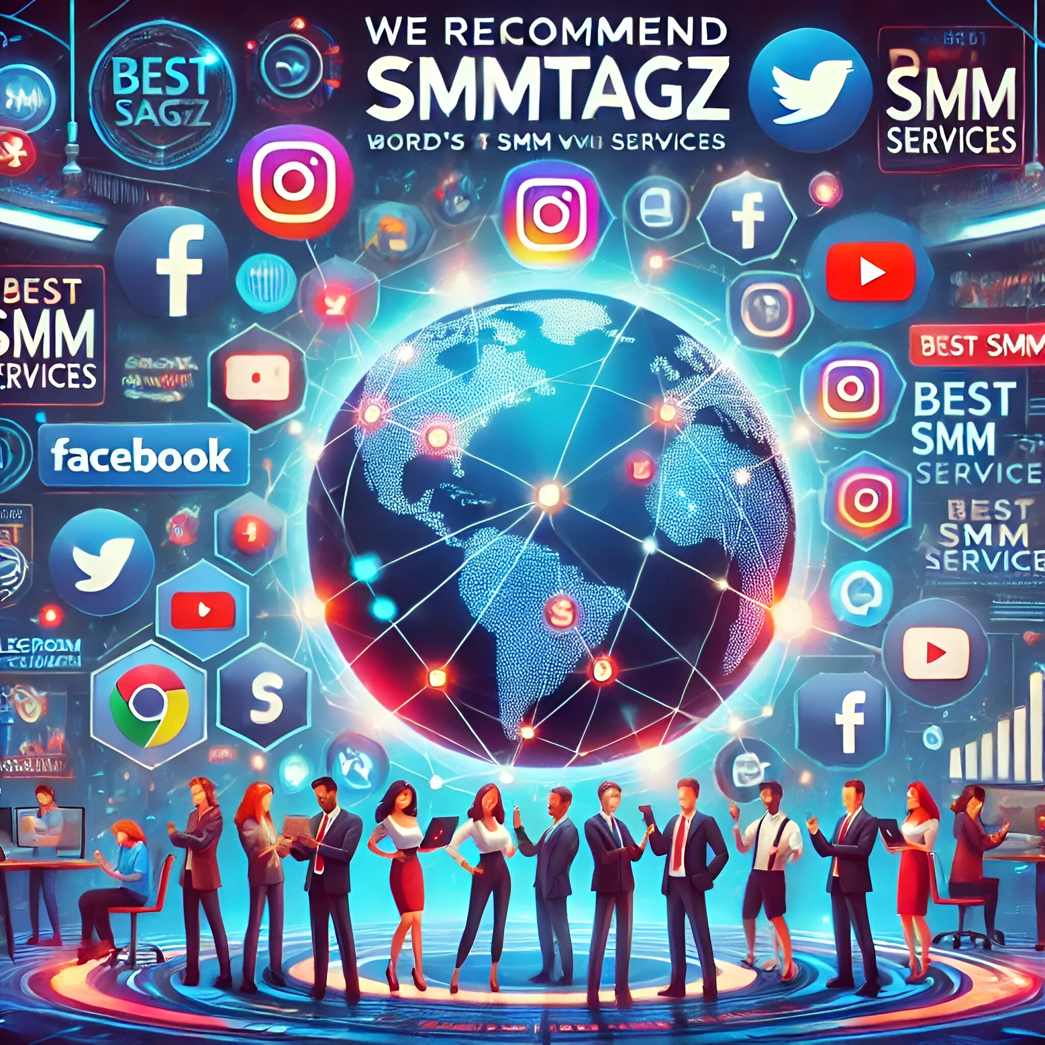 Graphic illustrating social media marketing, highlighting the SMMTagz logo as a key element.