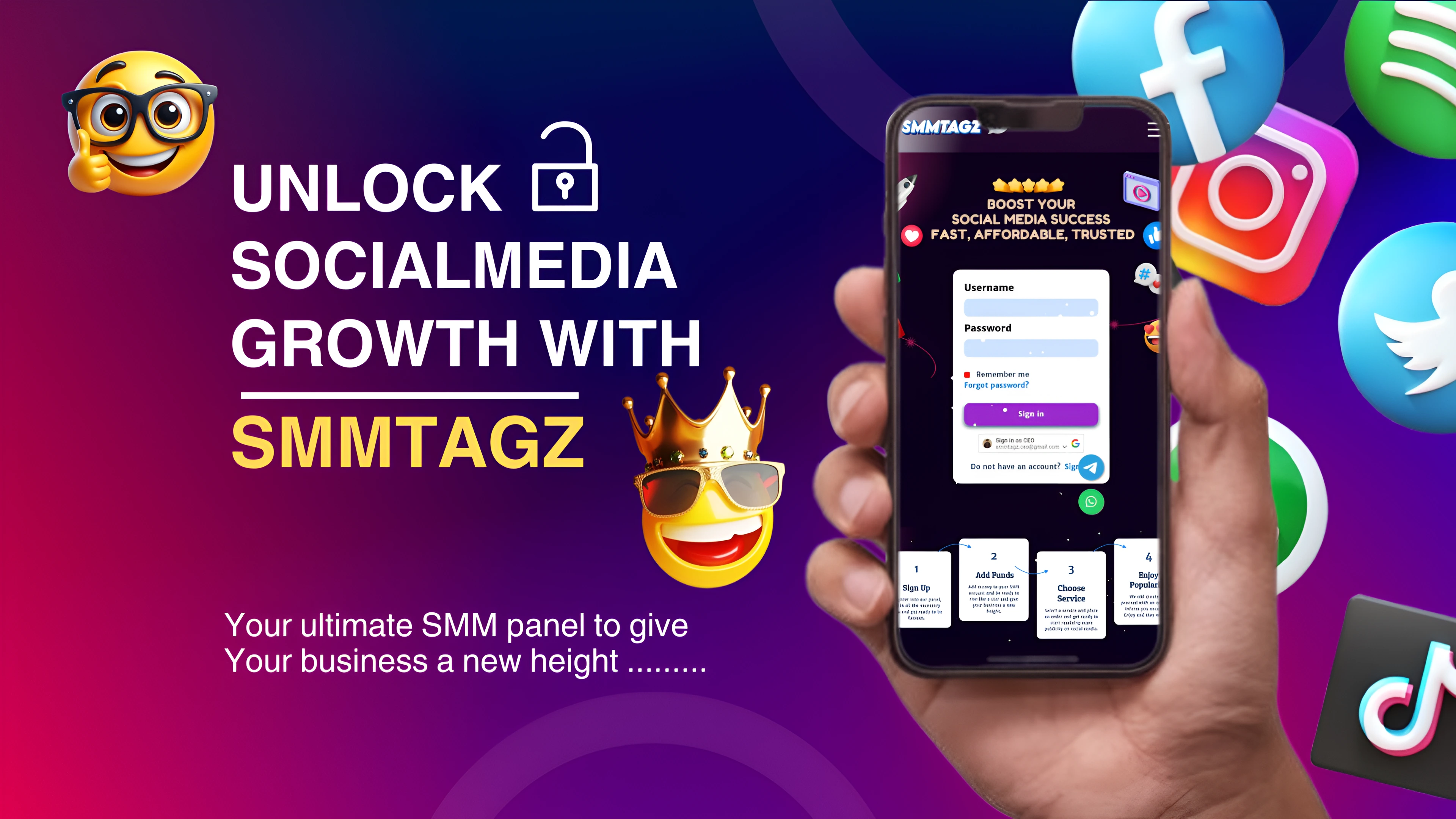 Hand holding a smartphone with SMMTAGZ interface, showcasing affordable social media growth services for platforms like Instagram, Facebook, Telegram, and more. Vibrant background with social media icons.