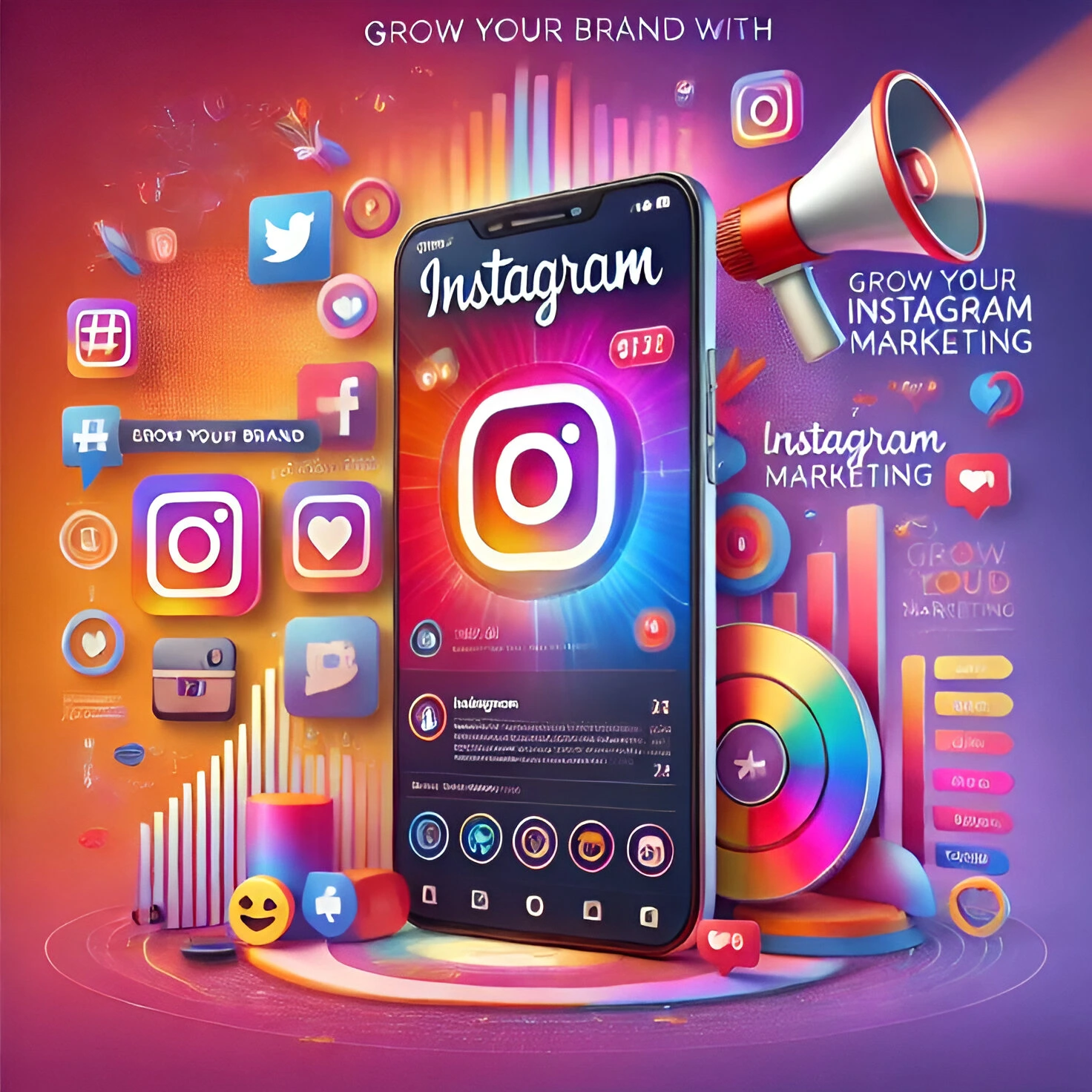 A vibrant graphic showcasing a smartphone with the Instagram logo, surrounded by social media icons, a megaphone, charts, and text promoting Instagram marketing strategies.