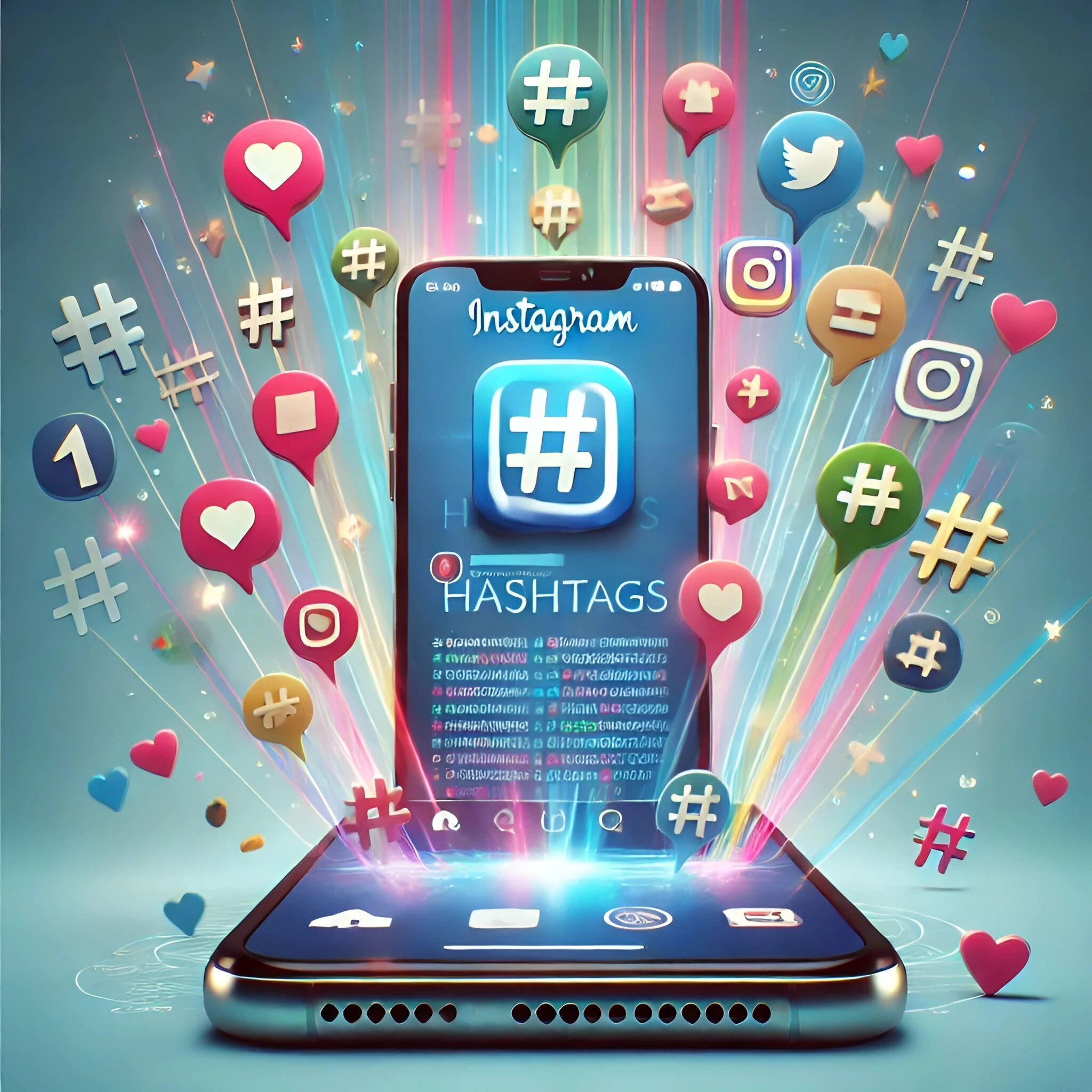 A smartphone screen displaying the Instagram hashtag icon, surrounded by colorful hashtags, social media icons, hearts, and likes, symbolizing social media engagement.