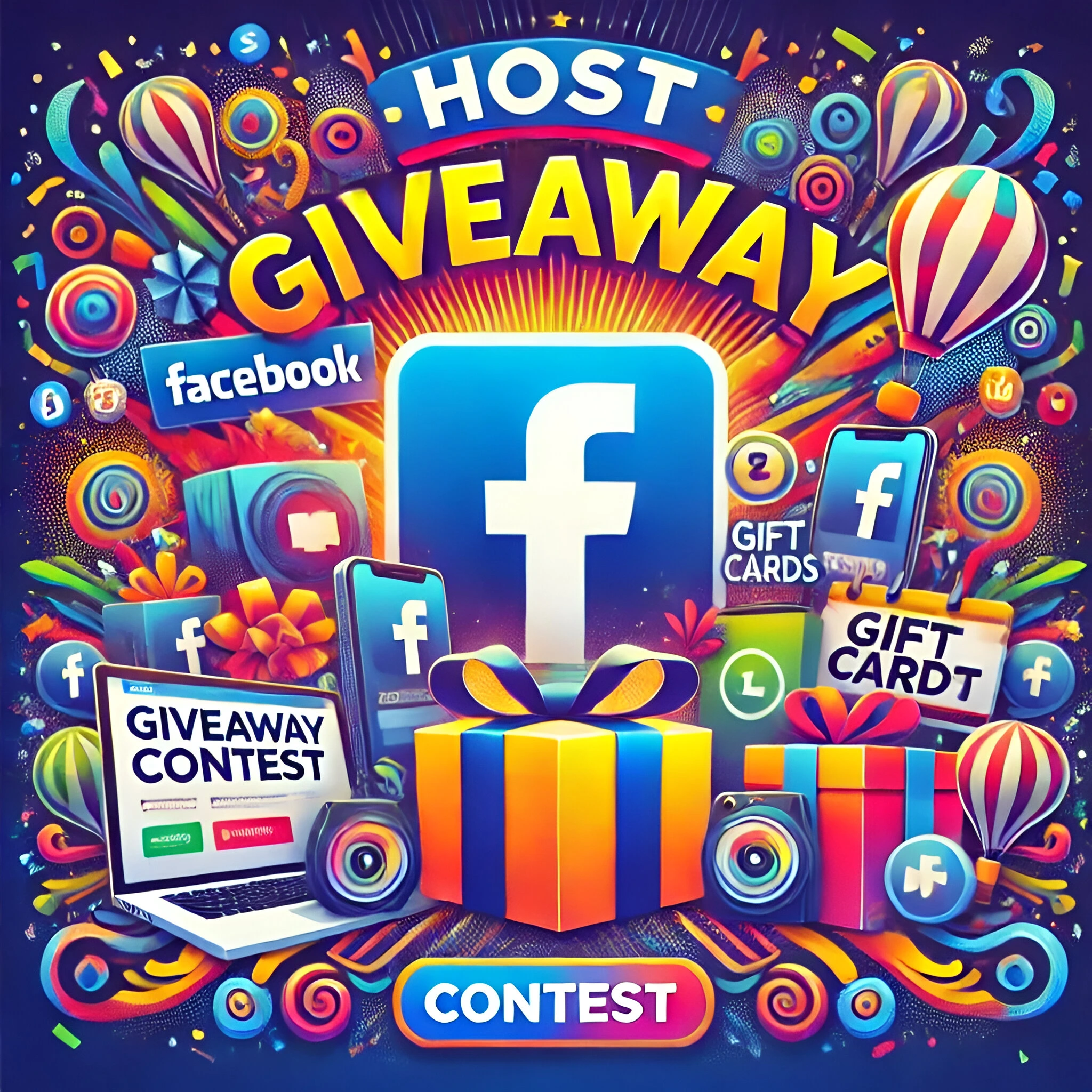 Facebook giveaway contest banner featuring colorful balloons and gift boxes, creating a festive and inviting atmosphere.