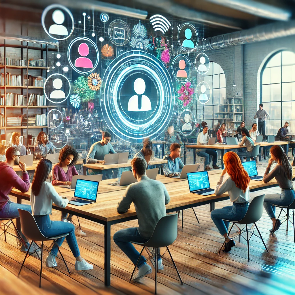 A modern coworking space filled with people working on laptops, with a futuristic digital overlay of connected user icons, data points, and network graphics, symbolizing online collaboration, social media networking, and digital productivity.