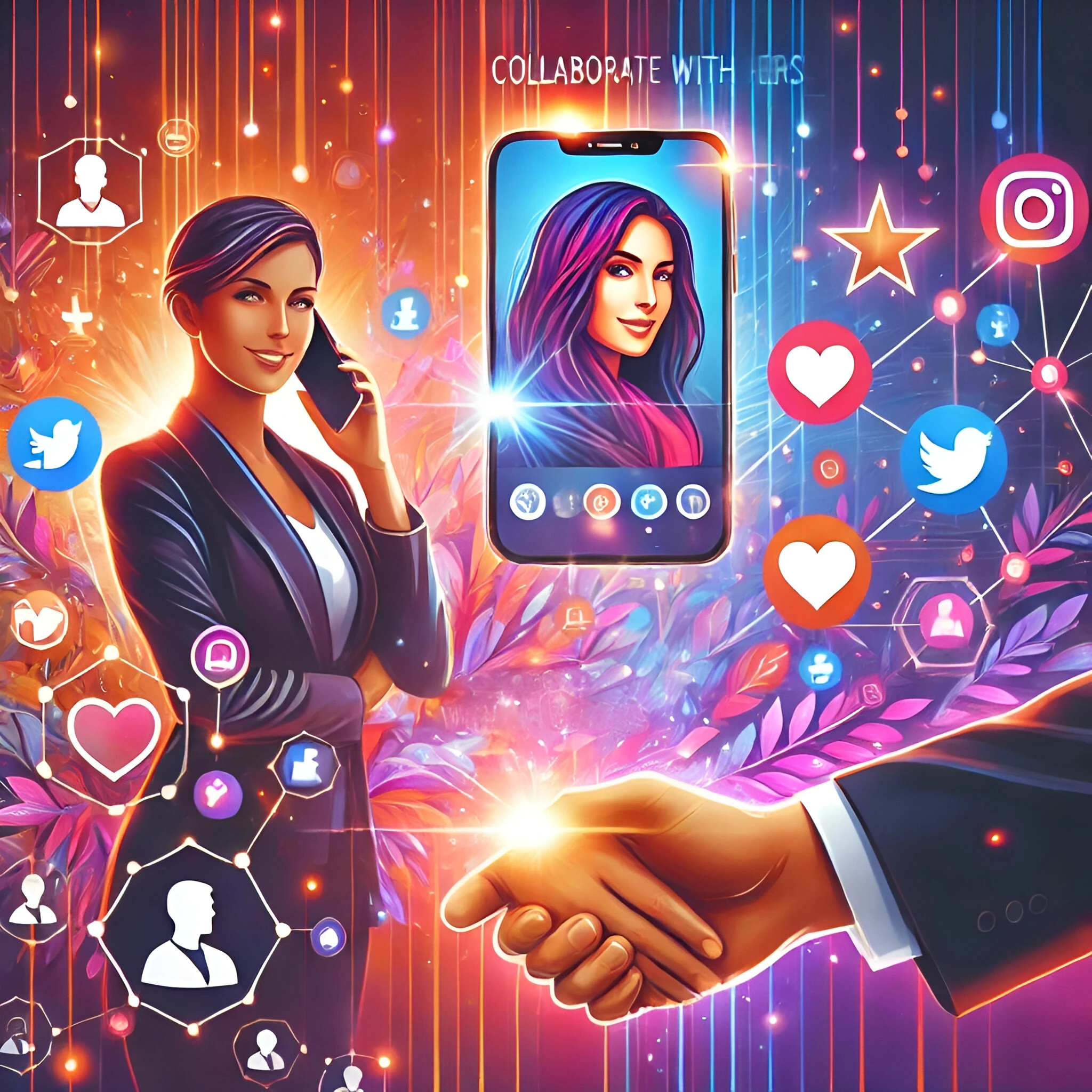 An illustration depicting diverse social media marketing techniques aimed at enhancing brand visibility and interaction with influencers.