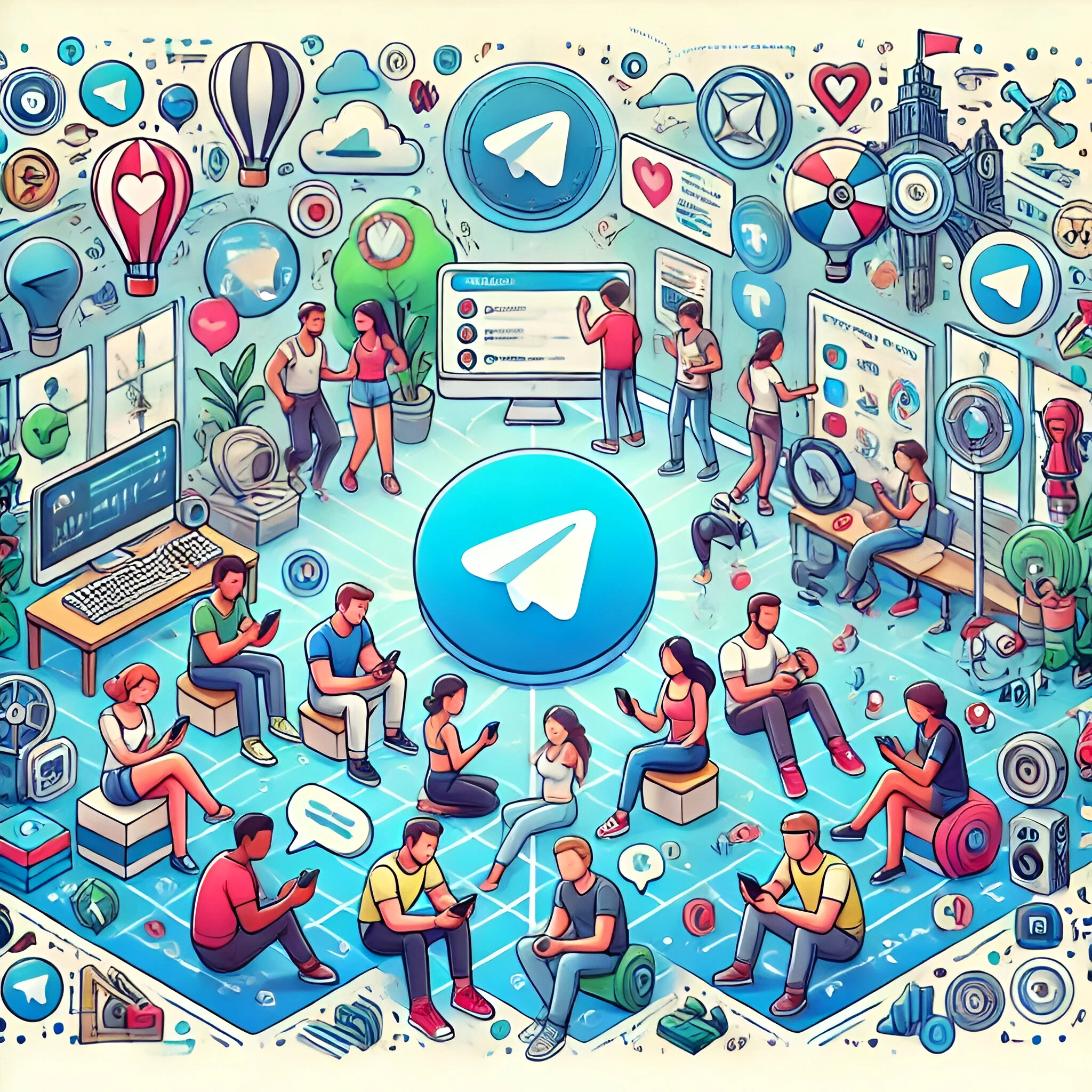 An illustration showing a group of people interacting and sharing ideas in a telegram chat setting.