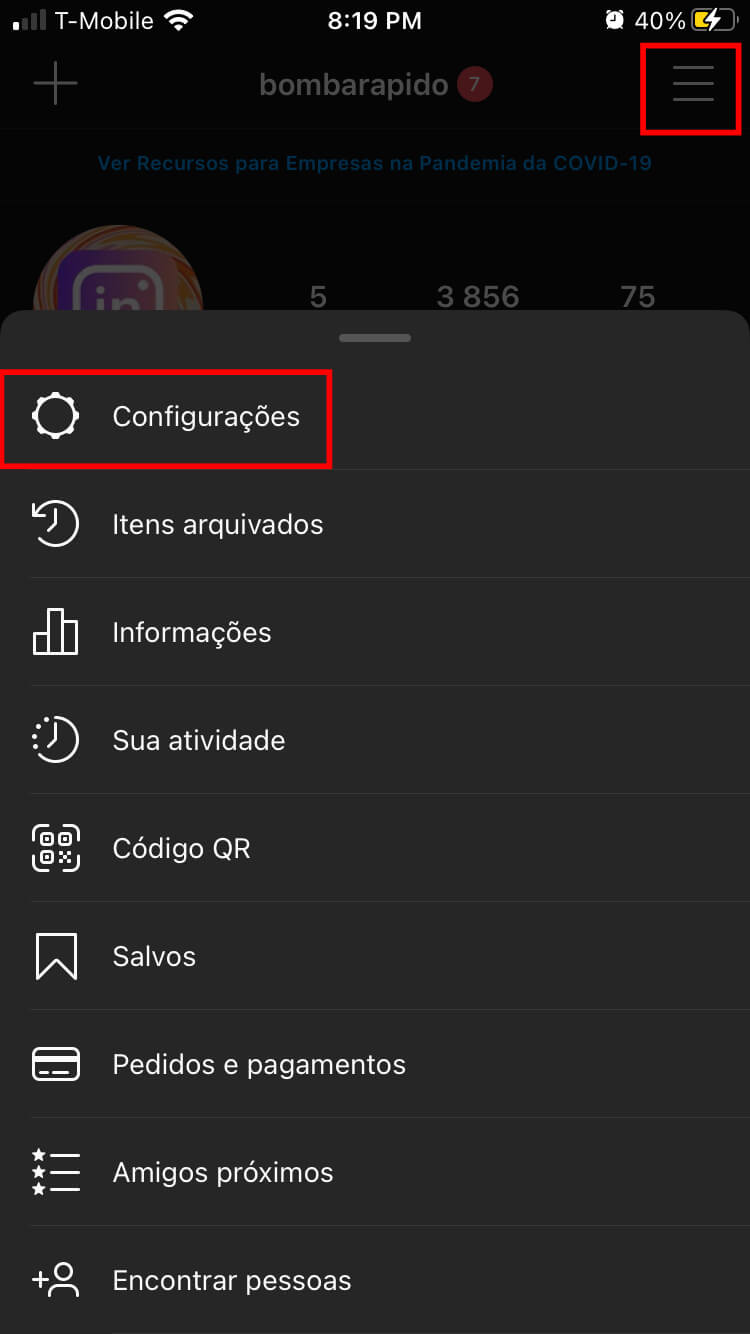 Faça login em sua conta e abra as configurações