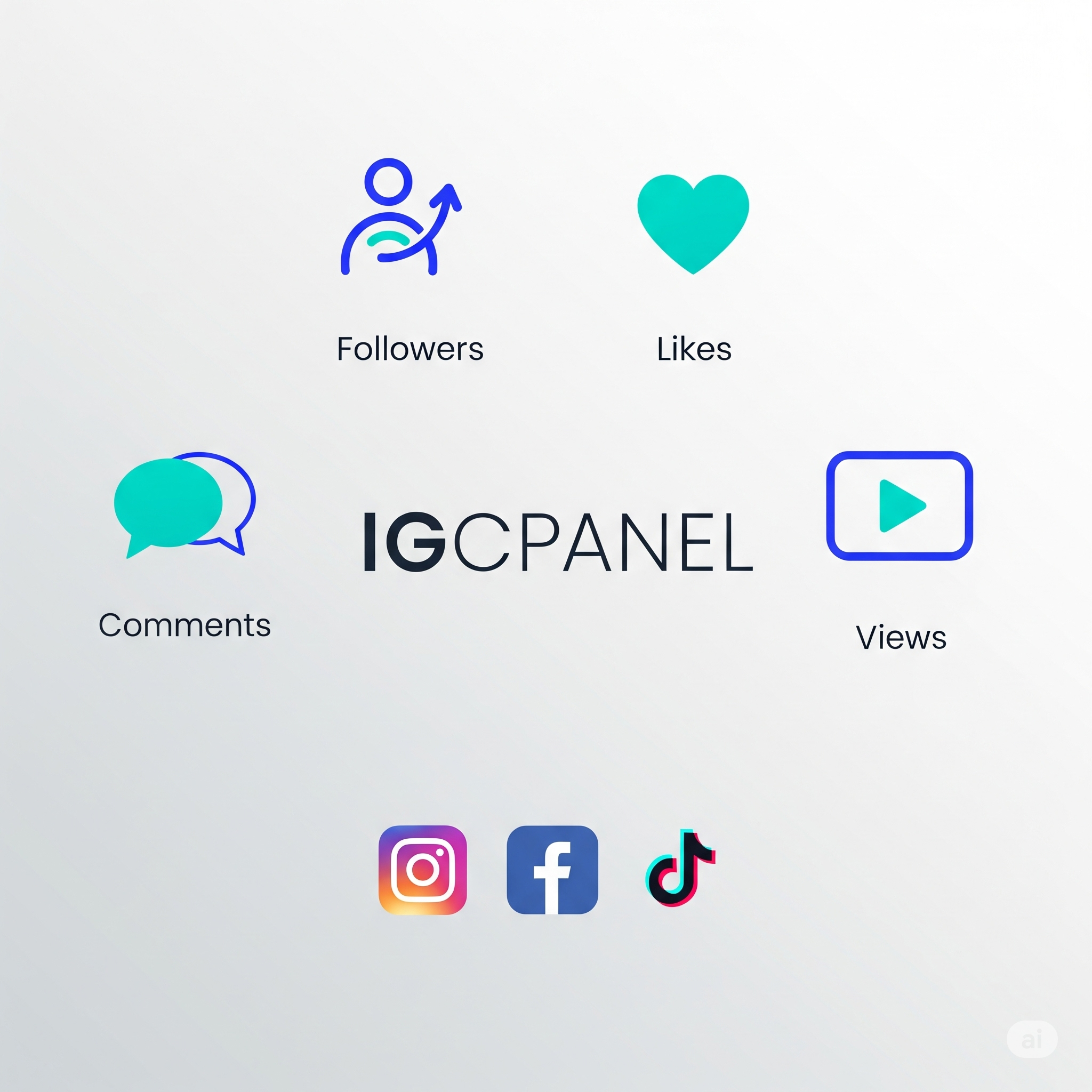 Promotional graphic for IGCPANEL featuring the company logo and icons representing followers, likes, comments, and views. Below are the official logos for Instagram, Facebook, and TikTok.