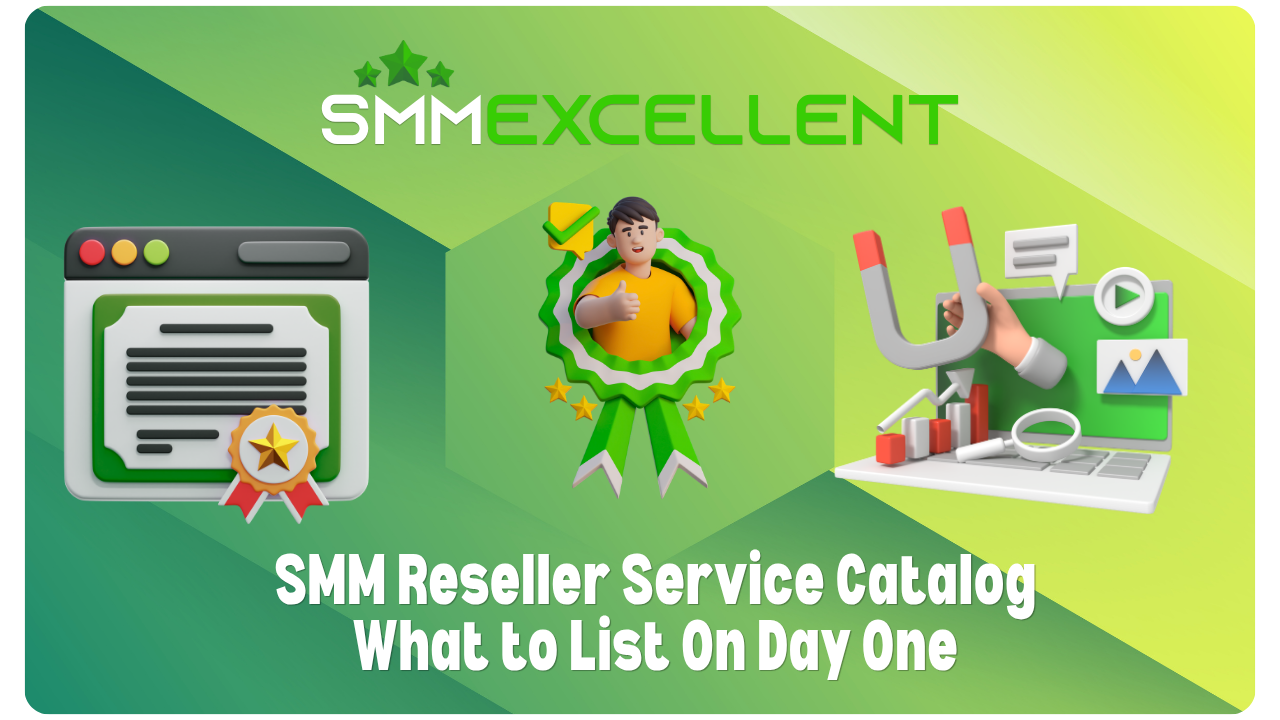 Reseller storefront catalog page showing SMM service categories organized by platform