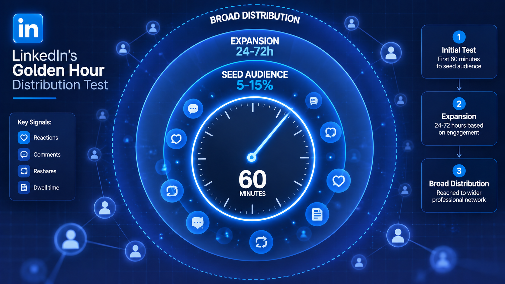 LinkedIn Golden Hour distribution test showing 60-minute seed audience evaluation window that determines whether posts expand into broader algorithmic distribution in 2026