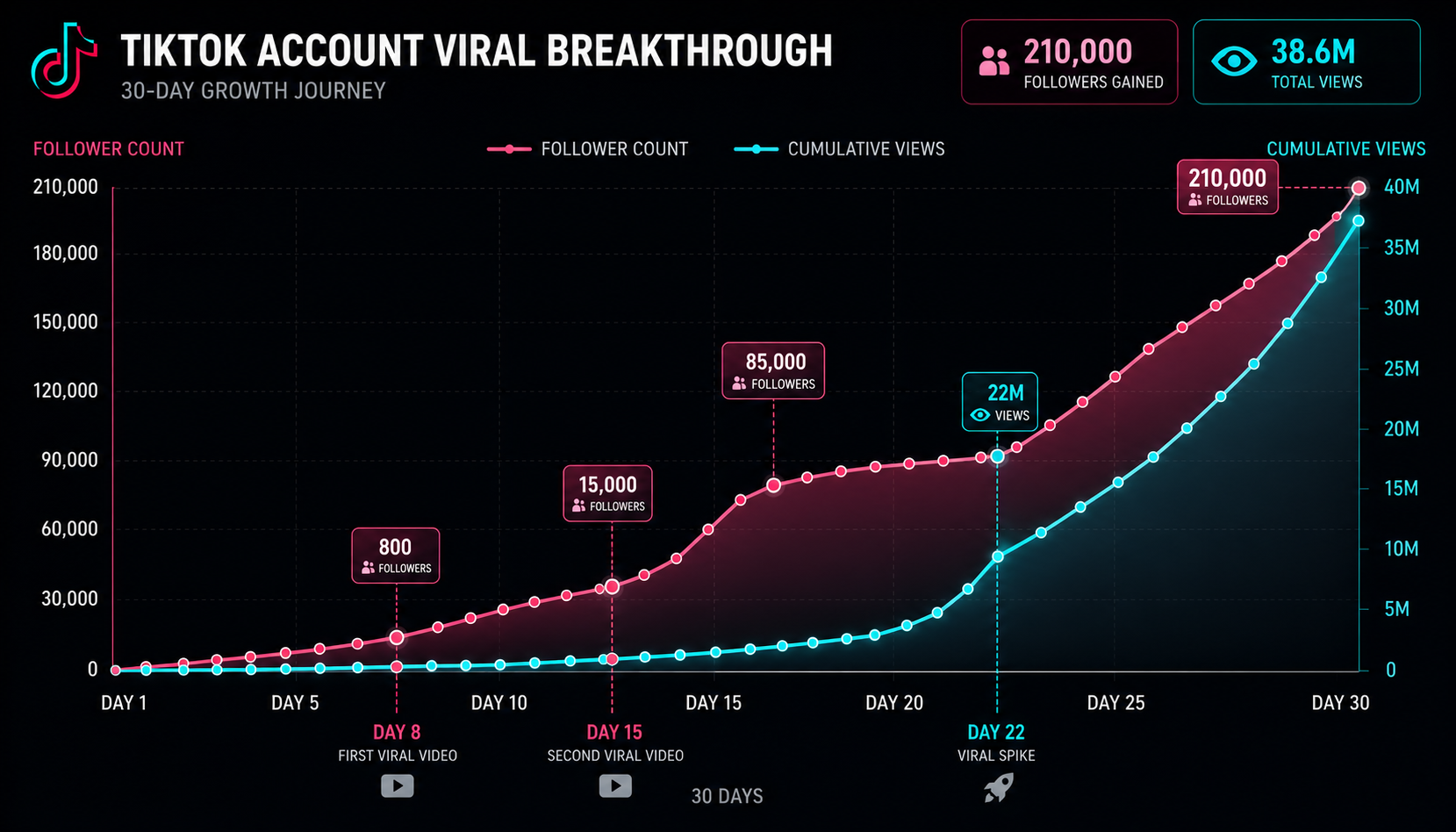 TikTok account viral growth showing 40 million views and 210,000 followers gained in 30 days