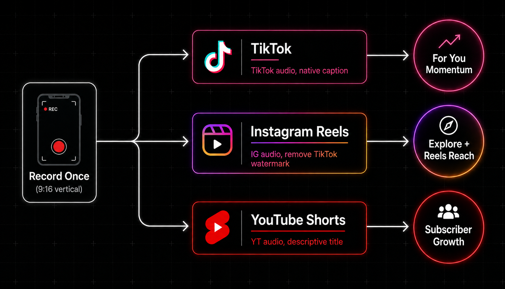 Cross-platform content distribution workflow showing TikTok, Instagram, and YouTube content adaptation