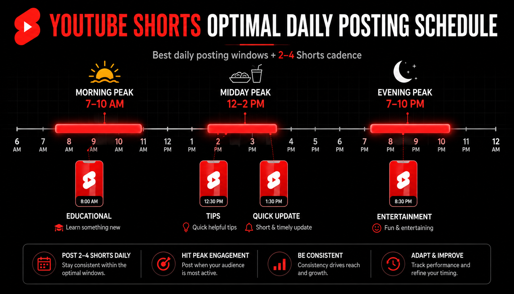 YouTube Shorts multi-post daily schedule showing optimal windows for posting 2 to 4 Shorts per day in 2026