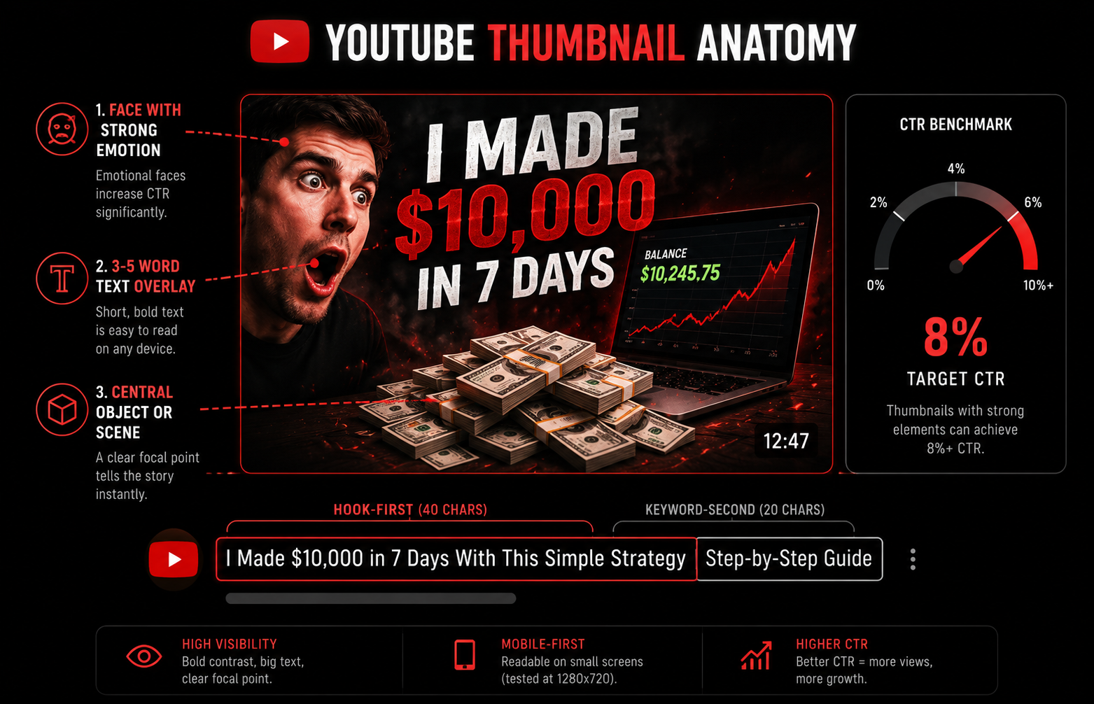 YouTube thumbnail anatomy showing face, text, object, and title optimization for 2026