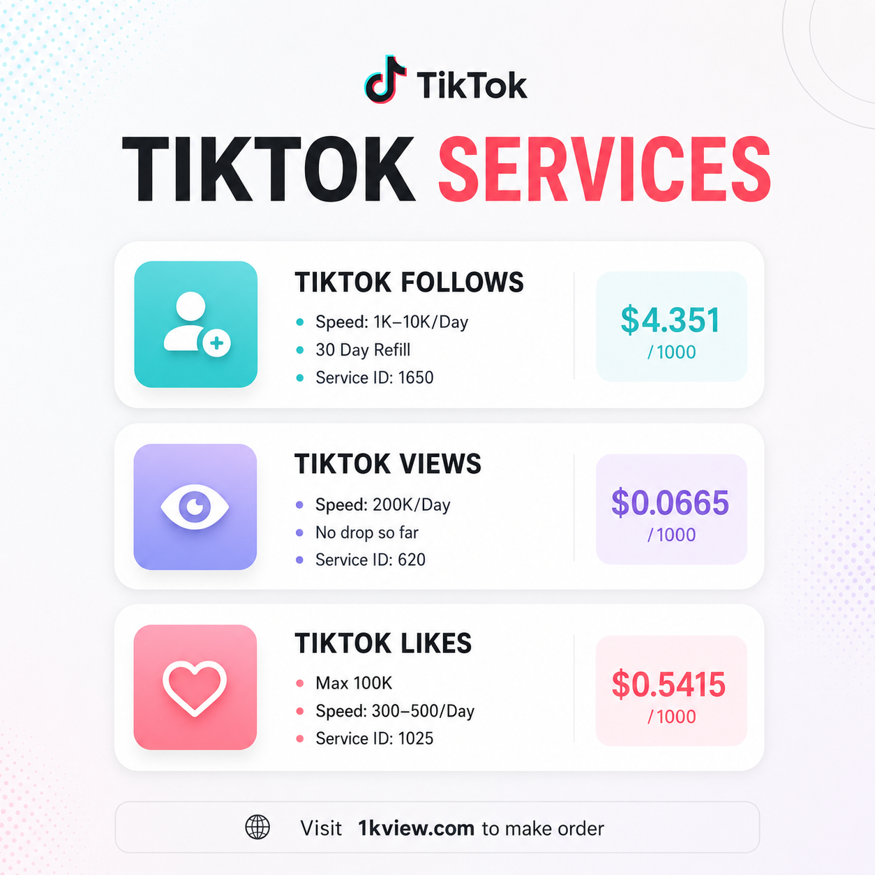 TikTok Followers, Views & Likes Services | 1kview | 19/06/2026
