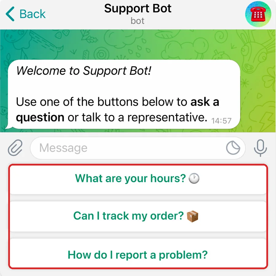Official Telegram bot interface with reply keyboard choices highlighted