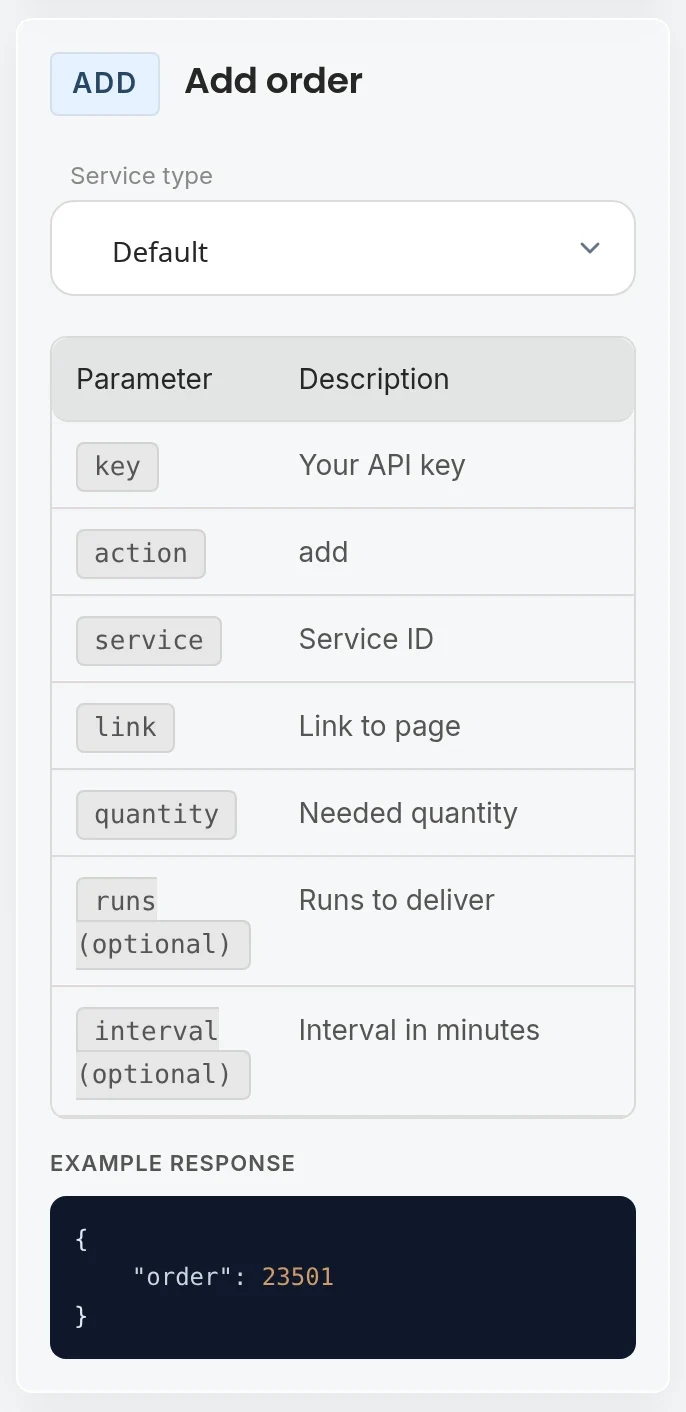 OneSMM API documentation showing add-order parameters and a sample response