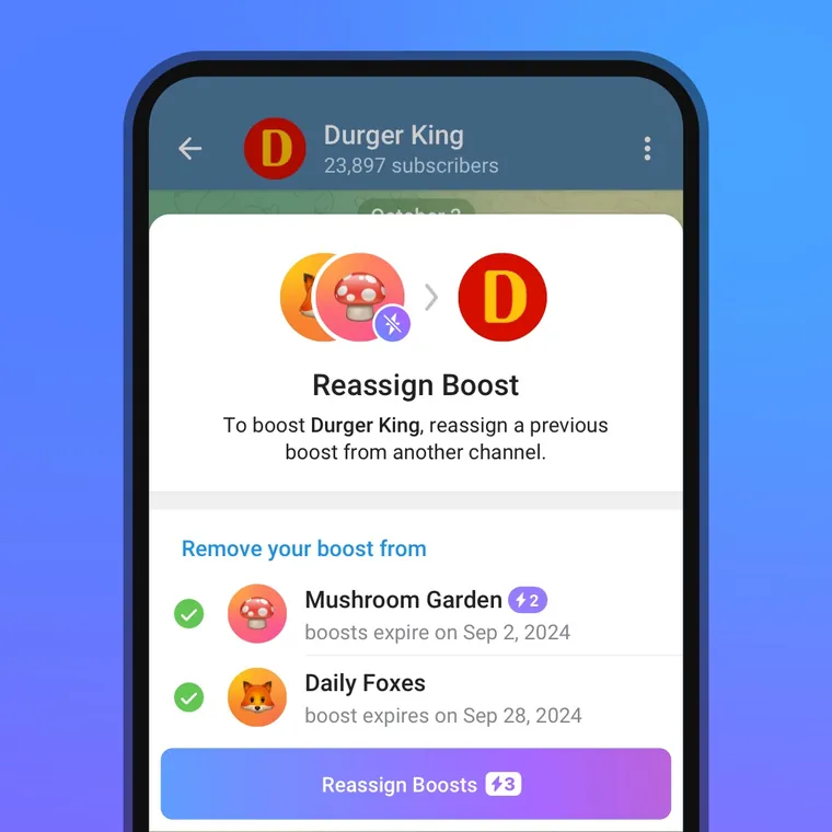 Official Telegram example showing a Reassign Boost screen with channels, boost slots and expiry dates
