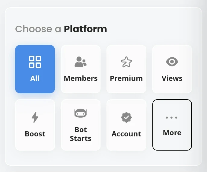 OneSMM interface showing Telegram service-type filters