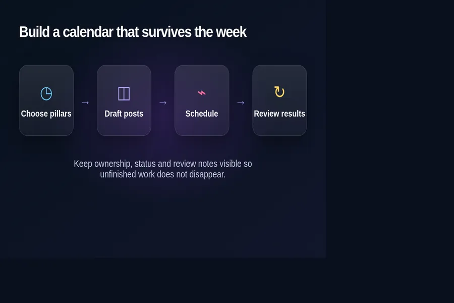 Telegram content calendar workflow from choosing content pillars through drafting, scheduling and reviewing results