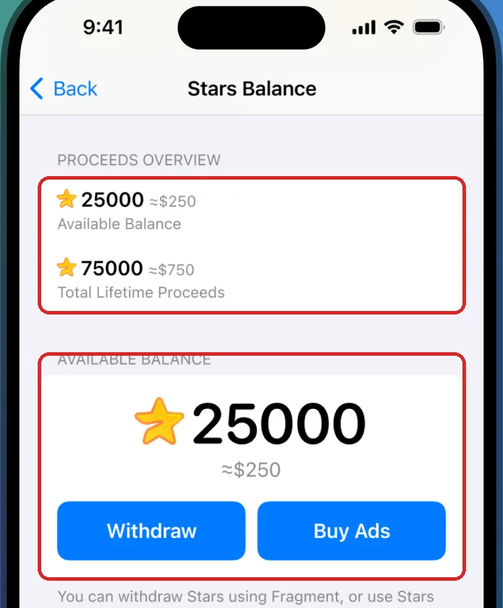 Official Telegram Stars balance interface with proceeds and action controls highlighted