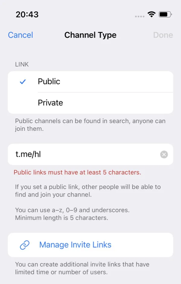 Telegram Channel Type screen showing Public and Private options and the public link field