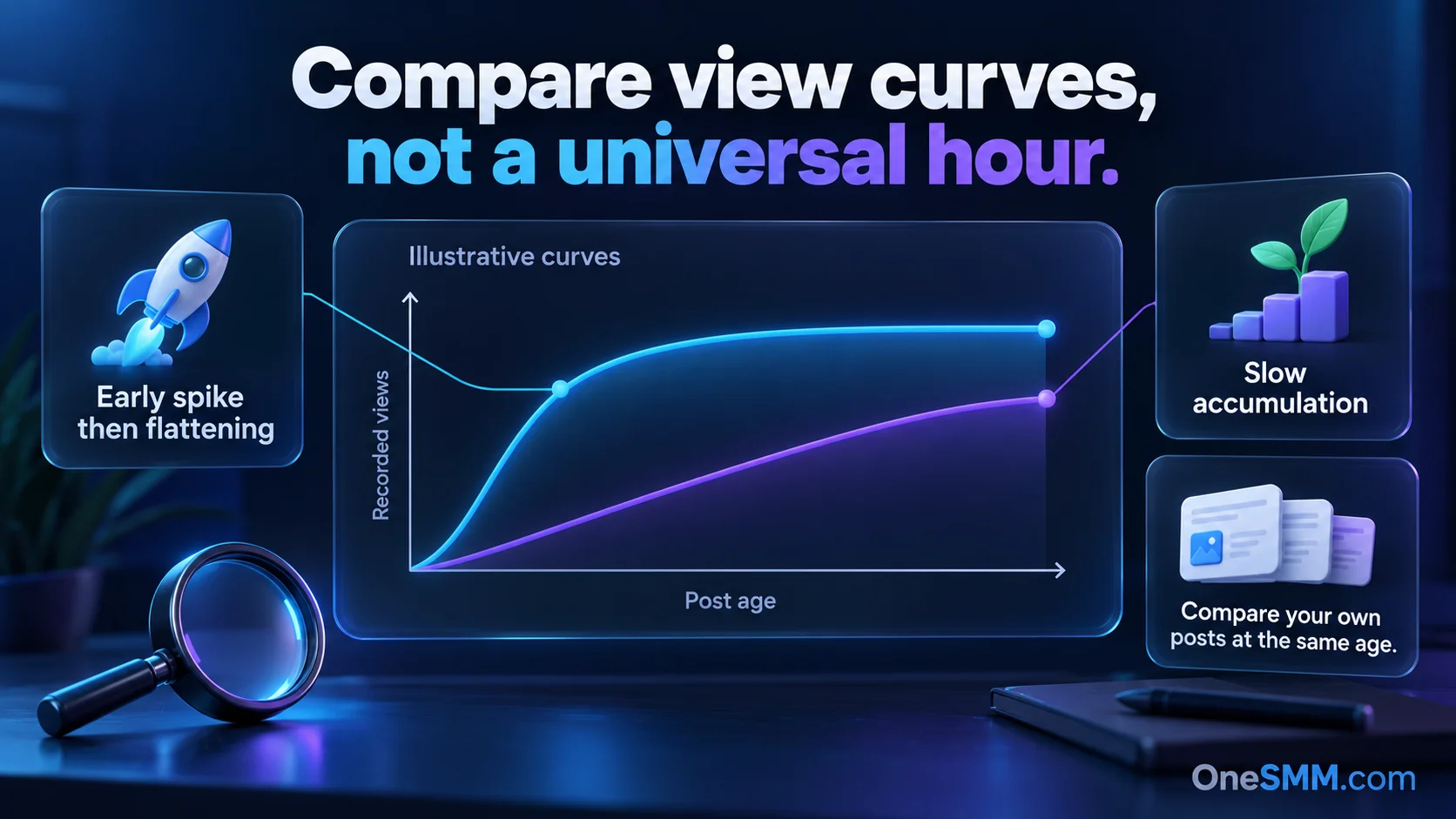 Illustrative view curves: an early rise that flattens and slower accumulation, compared at the same post age