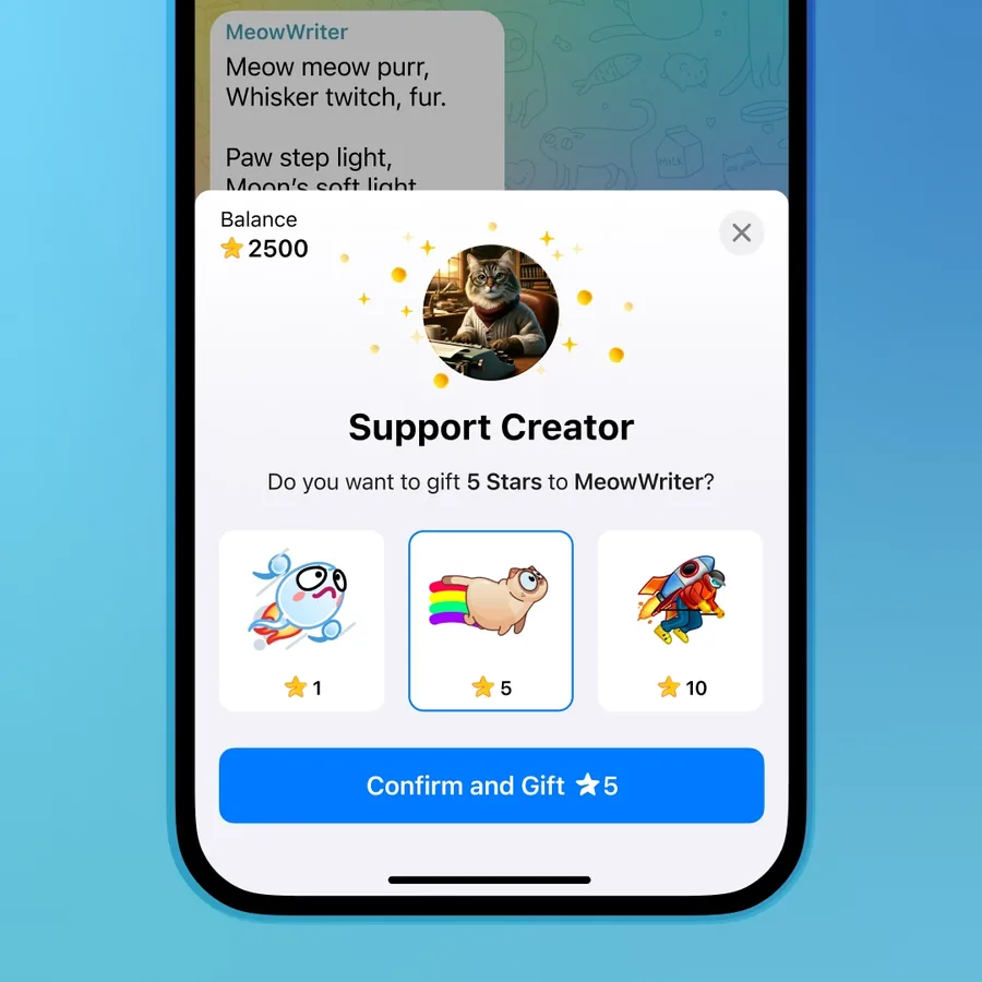 Telegram Stars screen for gifting Stars to support a creator