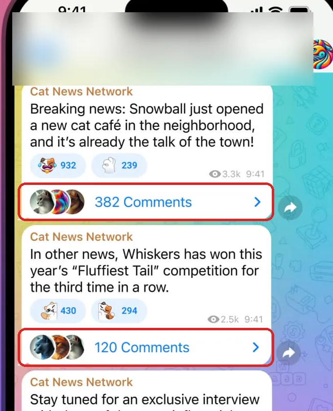 Official Telegram channel posts with comment controls highlighted