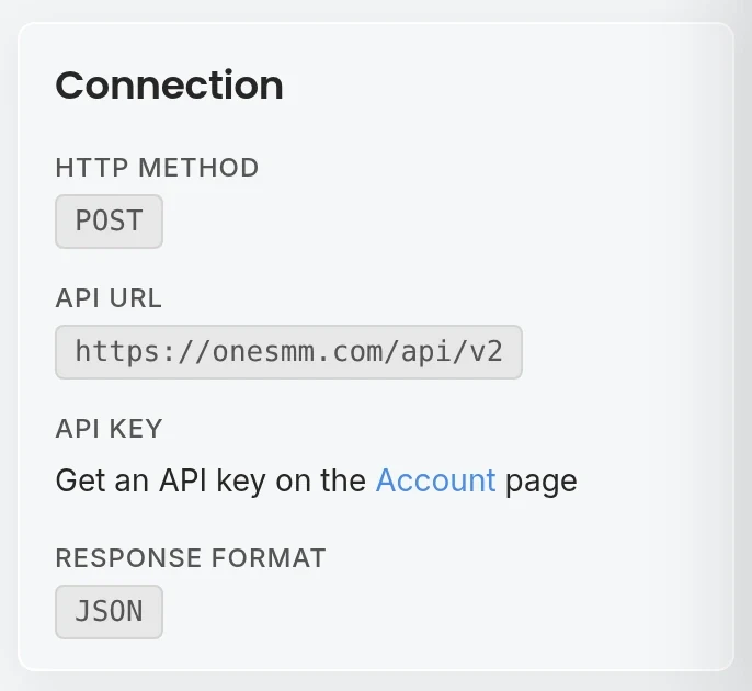 OneSMM API documentation showing the endpoint and POST method