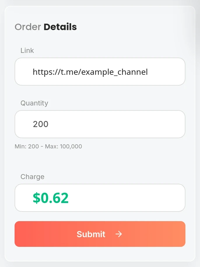 OneSMM order form showing target link quantity and calculated charge fields