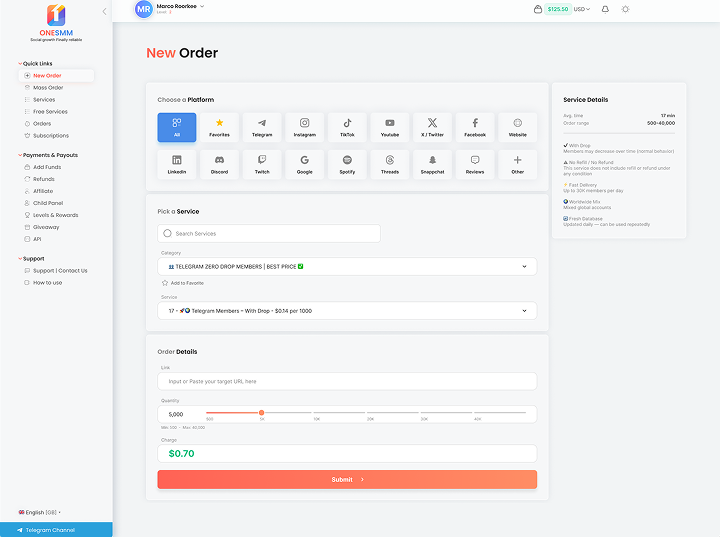 OneSMM dashboard showing platform selection and order placement