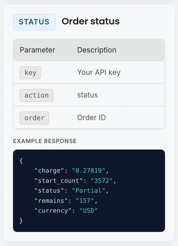 OneSMM API documentation showing order status parameters and response fields