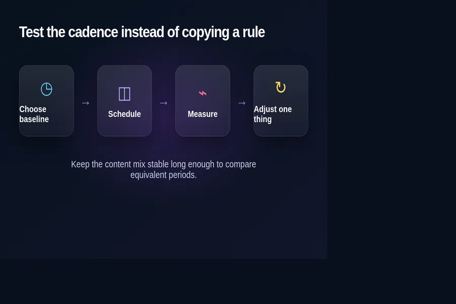 Four-step Telegram posting cadence test: choose a baseline, schedule posts, measure audience response, and adjust one variable