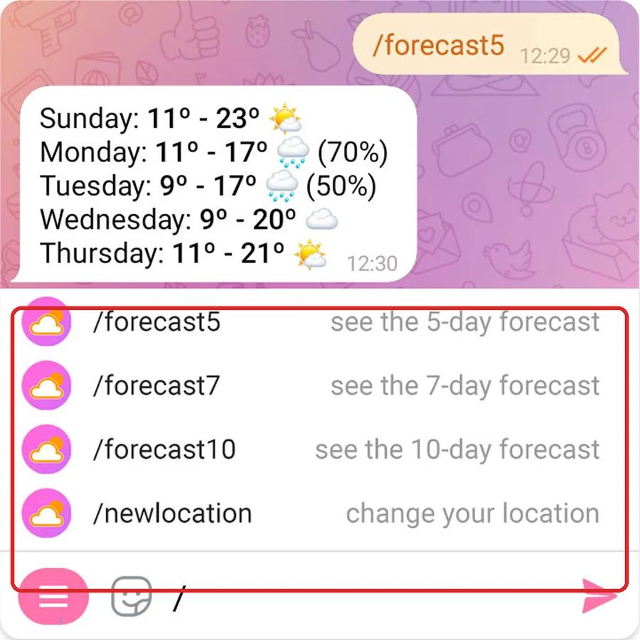 Official Telegram bot interface with the command menu highlighted