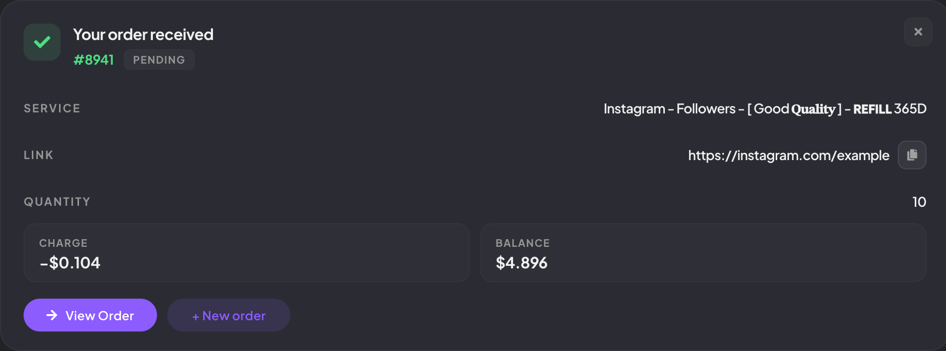 New order form with link, quantity, and charge filled in ready to submit