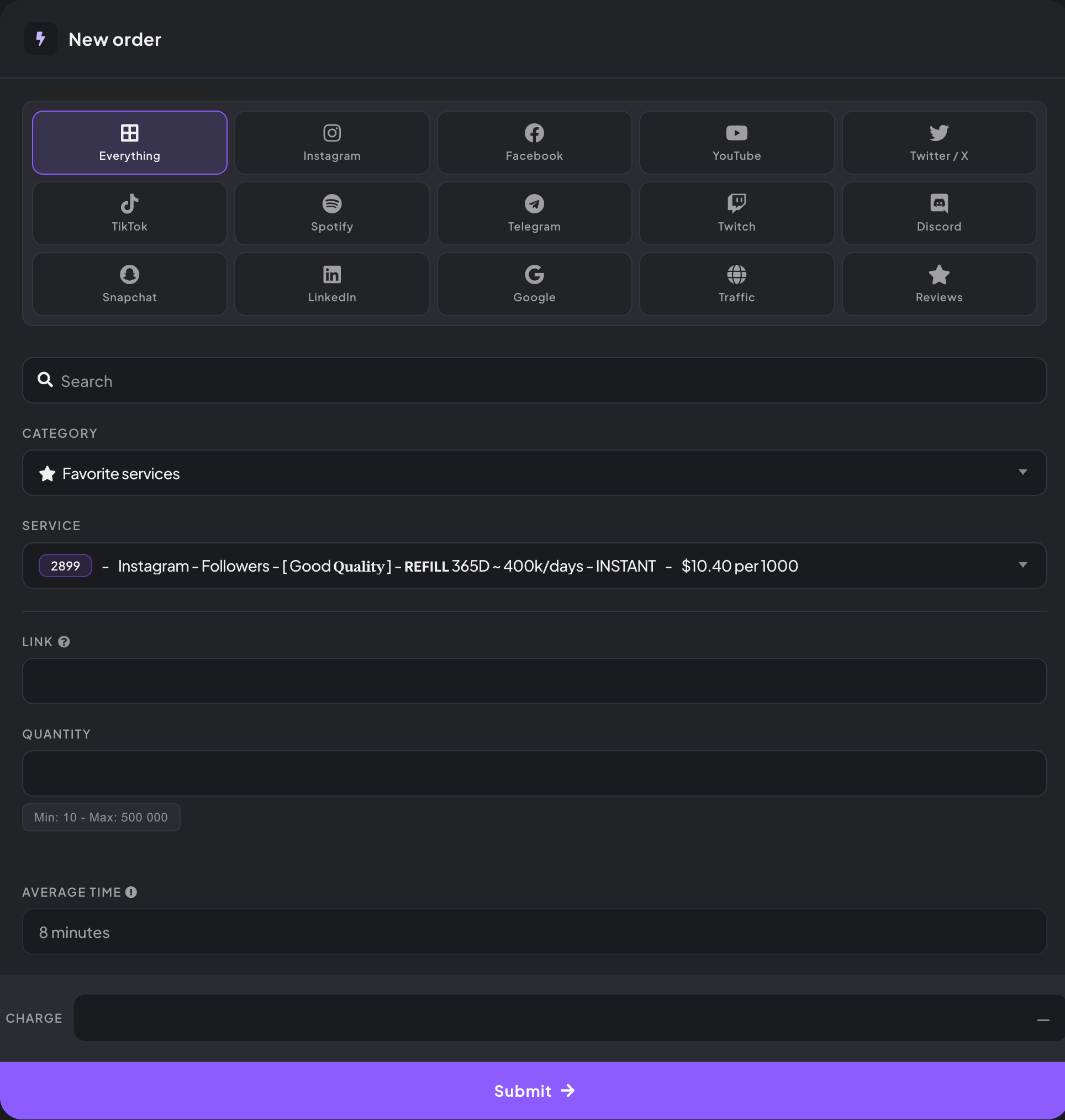 Dashboard new order screen showing service selection